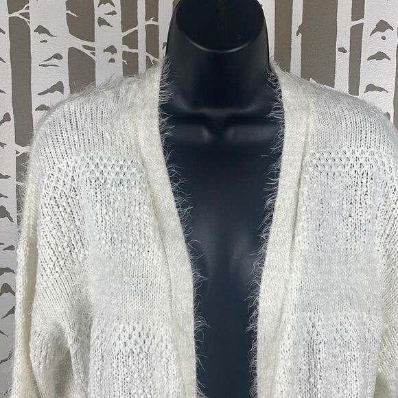 Alya Eyelash Popcorn Metallic Knit Open Front Longline Cardigan Sweater M Ivory - Picture 5 of 9